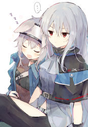 Rule 34 | ..., 2girls, animal ears, arknights, arm support, ascot, black legwear, blue jacket, blush, buttons, clothing cutout, drooling, closed eyes, grani (arknights), grey hair, grey shirt, hair between eyes, highres, horse ears, jacket, knee up, leaning on person, long hair, multiple girls, open mouth, red eyes, shirt, simple background, skadi (arknights), sleeping, spoken ellipsis, sweatdrop, thigh cutout, toufu mentaru zabuton, v-shaped eyebrows, visor, white background, zzz