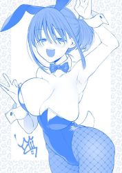 Rule 34 | 1girl, blue theme, breasts, getsuyoubi no tawawa, himura kiseki (style), large breasts, long hair, maegami-chan (tawawa), monochrome, open mouth, pantyhose, playboy bunny, shindo, tawawa group