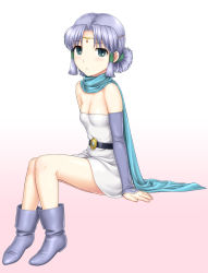 Rule 34 | 1girl, ankle boots, bare legs, belt, blush, boots, breasts, circlet, dragon quest, dragon quest monsters, dragon quest monsters plus, dress, full body, green eyes, hair tubes, marumo, petite, purple hair, scarf, short dress, short hair, short ponytail, sitting, small breasts, solo, st.germain-sal, strapless, strapless dress, white background