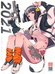 Rule 34 | 1girl, 2021, absurdres, animal ears, animal print, bell, bikini, black hair, blunt bangs, blunt ends, breasts, cartridge, choker, cow ears, cow print, cow tail, english text, full body, grey eyes, gun, handgun, highres, horns, jacket, large breasts, leg tattoo, looking at viewer, multicolored clothes, multicolored jacket, nail polish, new year, orange nails, original, qr code, revolver, scope, shell casing, shoes, short hair, solo, swimsuit, tail, tattoo, teddy (takarada), twitter username, two-tone jacket, weapon, white footwear