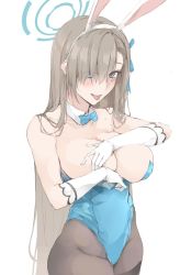 Rule 34 | 1girl, animal ears, asuna (blue archive), asuna (bunny) (blue archive), bare shoulders, blue archive, blue eyes, blue leotard, blush, breasts, brown pantyhose, cleavage, detached collar, elbow gloves, fake animal ears, gloves, hair over one eye, highleg, highleg leotard, large breasts, leotard, light brown hair, long hair, looking at viewer, mole, mole on breast, pantyhose, playboy bunny, rabbit ears, thighs, white gloves, zekkyon