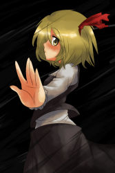 Rule 34 | 1girl, blonde hair, cosplay, darkness, embodiment of scarlet devil, face, female focus, foreshortening, hair ribbon, harusame (unmei no ikasumi), looking back, lunasa prismriver, profile, red eyes, ribbon, rumia, rumia (cosplay), solo, touhou