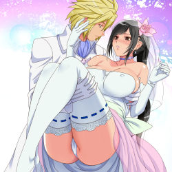 Rule 34 | 1boy, 1girl, ass, bare shoulders, black hair, blonde hair, blue eyes, blush, breasts, bridal veil, brown eyes, carrying, cloud strife, couple, covered erect nipples, dress, earrings, elbow gloves, eye contact, final fantasy, final fantasy vii, flower, formal, gloves, hair flower, hair ornament, highres, jewelry, large breasts, long hair, looking at another, panties, pantyshot, parted lips, ponytail, princess carry, shiny skin, short hair, smile, spiked hair, suit, switch01, thighhighs, thong, tifa lockhart, tuxedo, underwear, veil, very long hair, wedding dress, white dress, white suit