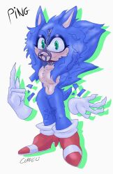 Rule 34 | artist name, blue fur, chain, character name, claws, coraeli, furry, glitch, gloves, green eyes, high heels, highres, looking at viewer, mobian, muzzle, navel, open hand, ping (coraeli), smile, sonic.exe, sonic (series), sonic the hedgehog, thighhighs, virus, white gloves, white stripes