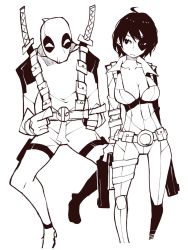 Rule 34 | 1boy, 1girl, ahoge, belt, belt buckle, bodysuit, boots, breasts, buckle, cleavage, closed mouth, deadpool, deadpool (series), domino (marvel), dowman sayman, dual wielding, gun, highres, holding, holding gun, holding weapon, katana, large breasts, marvel, mask, pointing, pouch, short hair, simple background, sword, weapon, weapon on back