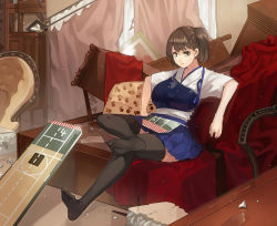 Rule 34 | 1girl, archer (fate), armchair, black thighhighs, breasts, brown eyes, brown hair, chair, couch, curtains, fate/stay night, fate (series), female focus, flight deck, full body, highres, indoors, japanese clothes, kaga (kancolle), kantai collection, large breasts, muneate, muneneko, parody, red upholstery, short hair, side ponytail, sitting, skirt, solo, thighhighs, window