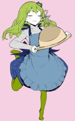 Rule 34 | 1girl, alternate costume, apron, blush stickers, carrying, covered tray, closed eyes, frog hair ornament, green hair, green pantyhose, hair ornament, holding, holding dish, holding plate, kochiya sanae, leg up, long hair, long sleeves, pantyhose, pink background, plate, serving dome, short eyebrows, sketch, smile, snake hair ornament, solo, thupoppo, touhou