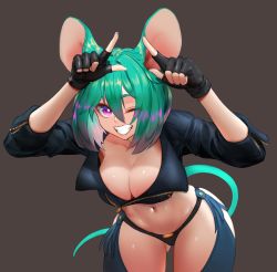 Rule 34 | 1girl, angel (kof), angel (kof) (cosplay), animal ears, black gloves, black jacket, blush, braco, breasts, brown background, cleavage, collarbone, commission, cosplay, cropped jacket, fingerless gloves, gloves, green hair, grin, index fingers raised, jacket, large breasts, lips, looking at viewer, mouse ears, mouse girl, mouse tail, multicolored hair, navel, one eye closed, original, parted lips, purple eyes, purple hair, shiny skin, short hair, simple background, smile, solo, tail, teeth, the king of fighters