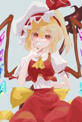Rule 34 | 1girl, arm behind back, ascot, back bow, blonde hair, bow, breasts, buttons, collared shirt, cowboy shot, crystal, flandre scarlet, grey background, hat, hat ribbon, head tilt, highres, holding, holding polearm, holding weapon, kiminami, laevatein (touhou), large bow, looking at viewer, medium hair, mob cap, multicolored wings, one side up, open mouth, polearm, puffy sleeves, red eyes, red ribbon, red skirt, red vest, ribbon, shirt, simple background, skirt, small breasts, solo, touhou, vest, weapon, white hat, white shirt, wings, yellow ascot, yellow bow