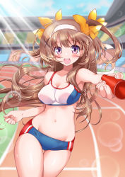 Rule 34 | 1girl, :d, blurry, blurry background, blush, breasts, brown hair, buruma, cleavage, collarbone, contrapposto, cowboy shot, crop top, depth of field, floating hair, foreshortening, gluteal fold, hair ornament, hairband, highres, hip focus, holding, kawanobe, lens flare, light rays, long hair, looking at viewer, medium breasts, midriff, moe2017, navel, open mouth, original, outstretched arm, purple eyes, relay baton, relay race, smile, solo, sports bikini, sports bra, standing, sunbeam, sunlight, teeth, thighs, twintails, two side up, x hair ornament