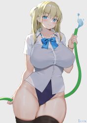 Rule 34 | 1girl, arm behind back, aymusk, black one-piece swimsuit, black thighhighs, blonde hair, blue eyes, blush, breasts, closed mouth, collarbone, collared shirt, commentary request, curvy, freckles-chan (aymusk), grey background, highleg, highleg swimsuit, highres, holding, holding hose, hose, large breasts, legs together, long hair, looking at viewer, one-piece swimsuit, original, shirt, simple background, smile, solo, swimsuit, swimsuit under clothes, thighhighs, white shirt, wide hips