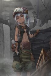 Rule 34 | 1girl, bag, bandaged arm, bandages, bandaid, bandaid on cheek, bandaid on face, bikini, bikini top only, black bikini, breasts, city, closed mouth, cloud, cloudy sky, commentary request, dark-skinned female, dark skin, fingerless gloves, gloves, hat, holding, holding wrench, midriff, original, outdoors, patchwork clothes, rubble, ruins, sky, small breasts, solo, standing, swimsuit, tomamatto, twintails, white hair, wrench