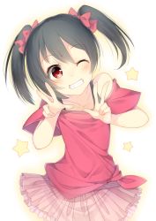 Rule 34 | 10s, 1girl, 7zu7, black hair, bow, double v, grin, hair bow, love live!, love live! school idol project, off shoulder, one eye closed, red eyes, shirt, short hair, simple background, smile, solo, star (symbol), t-shirt, tied shirt, twintails, v, white background, wink, yazawa nico