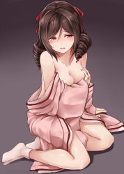 Rule 34 | 10s, 1girl, arm at side, arm support, bare shoulders, blurry, blush, bow, breast hold, breasts, brown hair, cleavage, covering privates, covering breasts, depth of field, drill hair, gradient background, hair between eyes, hair bow, hair ribbon, hand on breast, harukaze (kancolle), highres, japanese clothes, kamelie, kantai collection, kimono, long hair, long sleeves, looking away, loose clothes, medium breasts, no shoes, off shoulder, pink kimono, red bow, red eyes, ribbon, sitting, solo, sweat, tabi, twin drills, white legwear, wide sleeves, yokozuwari