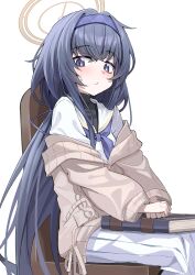 Rule 34 | 1girl, absurdres, black hair, blue archive, blue neckerchief, blush, chair, grey jacket, hairband, halo, highres, jacket, long hair, looking at viewer, neckerchief, olecafe2, open clothes, open jacket, pleated skirt, purple eyes, purple hairband, sailor collar, simple background, sitting, skirt, solo, ui (blue archive), white background, white sailor collar, white skirt