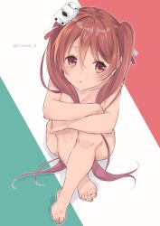Rule 34 | 1girl, barefoot, brown hair, full body, hair between eyes, hair ribbon, hugging own legs, italian flag, kantai collection, libeccio (kancolle), long hair, looking at viewer, multicolored background, one-hour drawing challenge, open mouth, ribbon, saiki yuzuri, sitting, solo, twintails, twitter username