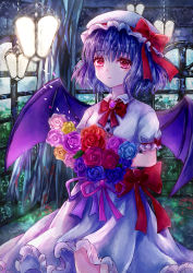 Rule 34 | 1girl, absurdres, ascot, bat wings, blue flower, bow, brooch, dress, eyes visible through hair, flower, frilled shirt, frilled shirt collar, frilled sleeves, frills, hat, hat ribbon, highres, holding, holding flower, huge filesize, jewelry, looking away, mob cap, pink dress, pink flower, purple hair, red bow, red eyes, red flower, red ribbon, remilia scarlet, ribbon, ribbon trim, sash, shirt, short hair, short sleeves, suzushina, touhou, window, wings, yellow flower