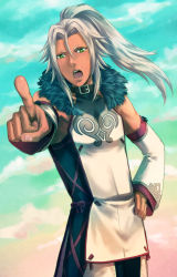 Rule 34 | 1boy, :o, coat, detached sleeves, foreshortening, green eyes, hand on own hip, highres, hip focus, ivar (tales), jarako (gaillardia), long hair, male focus, open mouth, parted bangs, pointing, ponytail, sky, solo, tales of (series), tales of xillia, white hair