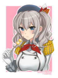 Rule 34 | 1girl, beret, blue eyes, blush, breasts, collared shirt, dango, eating, epaulettes, food, frilled sleeves, frills, gloves, grey hair, hat, highres, holding, jacket, kantai collection, kashima (kancolle), large breasts, long hair, long sleeves, looking at viewer, military, military jacket, military uniform, neckerchief, red neckerchief, shirt, smile, solo, tamakichi (tamakitty), twintails, twitter username, uniform, upper body, wagashi, wavy hair, white gloves