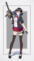 Rule 34 | 1girl, absurdres, ahoge, akinaz, black hair, black thighhighs, blazer, blue eyes, bow, candy, chinese commentary, commentary request, earpiece, finger on trigger, food, full body, gloves, gun, highres, holding, holding gun, holding weapon, holster, jacket, kriss usa, kriss vector, lollipop, magpul, mary janes, medium hair, mouth hold, original, osprey 45, plaid, plaid skirt, pleated skirt, polygonal suppressor, school uniform, shoes, silencerco, simple background, skirt, solo, submachine gun, suppressor, thigh holster, thighhighs, transformational defense industries, weapon