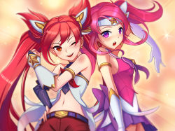 Rule 34 | 2girls, ;), alternate costume, alternate hairstyle, armlet, artist name, bare shoulders, bracer, chan qi (fireworkhouse), cure black, cure white, dated, earrings, elbow gloves, futari wa precure, futari wa precure max heart, gloves, hand on own hip, headband, jewelry, jinx (league of legends), league of legends, long hair, lux (league of legends), magical girl, midriff, multiple girls, navel, one eye closed, open mouth, orange eyes, parody, pink eyes, pink hair, ponytail, precure, purple eyes, purple skirt, red eyes, red hair, skirt, smile, standing, star guardian (league of legends), star guardian jinx, star guardian lux, swept bangs, twintails, very long hair, white gloves, wink