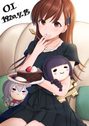 Rule 34 | 1girl, absurdres, black dress, brown eyes, brown hair, cake, character doll, character name, couch, cushion, dated, doll, dress, food, fork, fruit, hair ornament, hairclip, hairpin, highres, holding, holding fork, holding plate, jewelry, kantai collection, kashima (kancolle), kitakami (kancolle), looking at viewer, necklace, ooi (kancolle), plate, short sleeves, simple background, sitting, strawberry, white background, yunamaro