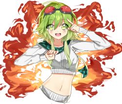 Rule 34 | 1girl, checkered clothes, checkered scarf, commentary, crop top, explosion, goggles, goggles on head, green eyes, green hair, gumi, hand over eye, hands up, index finger raised, looking at viewer, midriff, navel, raysricey, red goggles, scarf, shirt, tetrodotoxin synthesizer no.2 (vocaloid), upper body, vocaloid, white shirt