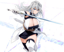 Rule 34 | 1girl, absurdres, belt, black thighhighs, blue eyes, boots, breasts, brown belt, cleavage, cleavage cutout, clothing cutout, dress, elbow gloves, gloves, grey hair, highres, holding, holding sword, holding weapon, huge breasts, long hair, looking at viewer, parted lips, s-rank boukensha de aru ore no musume tachi wa juudo no fathercon deshita, scabbard, sheath, shunichi, sidelocks, sleeveless, solo, sword, thigh boots, thighhighs, unsheathed, upper body, v-shaped eyebrows, weapon, white dress, white gloves