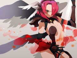 Rule 34 | 1girl, armor, bare shoulders, black gloves, breasts, cleavage, dark minerva (p&amp;d), doushimasho, energy sword, gauntlets, gloves, hair over one eye, head wings, headband, impossible clothes, looking at viewer, magic, minerva (p&amp;d), navel, nipples, no bra, orange eyes, puzzle &amp; dragons, red hair, skin tight, small breasts, solo, sword, weapon, wings, yellow eyes