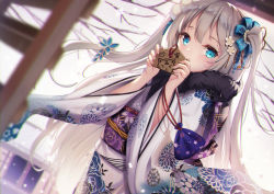 Rule 34 | 1girl, bare tree, blue eyes, blue ribbon, blush, commentary request, day, dutch angle, ema, floral print, flower, fur collar, hair bobbles, hair flower, hair ornament, hair ribbon, highres, holding, japanese clothes, kimono, long hair, long sleeves, looking at viewer, new year, obi, original, outdoors, pouch, print kimono, ribbon, sash, silver hair, solo, straight hair, tree, two side up, very long hair, white flower, white kimono, wide sleeves, winter, yan (nicknikg)