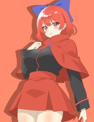 Rule 34 | 1girl, black shirt, blue bow, blush, bow, breasts, cloak, closed mouth, commentary, cowboy shot, hair bow, highres, large breasts, long sleeves, looking at viewer, one-hour drawing challenge, red background, red eyes, red hair, red skirt, sekibanki, shirokumall, shirt, short hair, simple background, skirt, solo, touhou