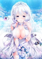 Rule 34 | 1girl, aircraft, airplane, azur lane, bare shoulders, blue eyes, blue sky, blush, bouquet, breasts, bridal veil, choker, cleavage, cloud, collarbone, commentary request, day, dress, elbow gloves, flower, garana, garter straps, gloves, hair flower, hair ornament, highres, illustrious (azur lane), large breasts, long hair, looking at viewer, low twintails, mole, mole under eye, open mouth, petals, rigging, rose, sky, smile, solo, thighhighs, tiara, twintails, veil, white dress, white flower, white gloves, white hair, white rose, white thighhighs