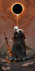 Rule 34 | 1girl, angry, arm wrap, armor, artist name, black skirt, blonde hair, cape, capelet, clenched hands, cloud, cloudy sky, cross, cross necklace, dark souls (series), dark souls i, dark souls iii, eclipse, embers, fire keeper, foot on head, full armor, gauntlets, girl on top, glowing, glowing sword, glowing weapon, helm, helmet, highres, impaled, jewelry, knight, less, long skirt, lying, mask, mountain, necklace, no shoes, on back, on ground, open mouth, orange sky, outdoors, pauldrons, shoulder armor, skirt, sky, soul of cinder, standing, stepped on, sword, teeth, toes, weapon, white hair