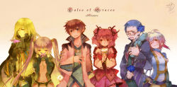 Rule 34 | 3boys, 3girls, asbel lhant, blonde hair, blue eyes, blue flower, blue hair, blue rose, blue shirt, brothers, brown eyes, cheria barnes, copyright name, flower, glasses, gradient hair, highres, hubert ozwell, minatsume, multicolored hair, multiple boys, multiple girls, pascal (tales), pink hair, purple hair, purple skirt, red hair, richard (tales), rose, scarf, shirt, siblings, skirt, sophie (tales), tales of (series), tales of graces, twintails, two side up, white hair, yellow background