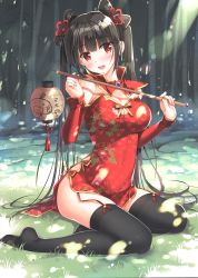 Rule 34 | 1girl, absurdres, black hair, black thighhighs, blush, breasts, bug, butterfly, china dress, chinese clothes, cleavage, detached sleeves, dress, full body, garter straps, hair ornament, highres, holding, holding lantern, insect, lantern, large breasts, long hair, looking at viewer, open mouth, original, outdoors, paper lantern, red eyes, scan, sitting, smile, solo, sousouman, thighhighs, thighs, twintails, very long hair