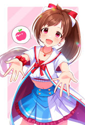Rule 34 | 1girl, antenna hair, blush, bow, brown hair, collarbone, colored skin, crop top, earrings, foreshortening, hair bow, headset, heart, heart earrings, highres, idolmaster, idolmaster cinderella girls, idolmaster cinderella girls starlight stage, jewelry, long hair, midriff, multicolored skin, navel, outline, outstretched arms, pleated skirt, ponytail, reaching, reaching towards viewer, red eyes, sakura ran, scrunchie, simple background, skirt, solo, speech bubble, tsujino akari, two-tone skin, very long hair, white outline, wrist scrunchie
