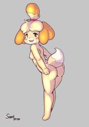 Rule 34 | 1girl, animal crossing, animal ears, animal hands, artist name, ass, barefoot, bell, blonde hair, blush stickers, breasts, brown eyes, buck teeth, dog ears, dog girl, dog tail, female focus, from behind, full body, furry, furry female, grey background, hair bell, hair ornament, hair tie, happy, highres, isabelle (animal crossing), jingle bell, jpeg artifacts, leaning forward, looking back, looking to the side, nintendo, nipples, nude, open mouth, short hair, signature, simple background, small breasts, smile, solo, standing, suenbroe, tail, teeth, topknot