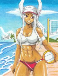 Rule 34 | 1girl, 2021, abs, absurdres, armlet, ball, beach, beach volleyball, boku no hero academia, breasts, cleavage, commission, highres, holding, holding ball, long hair, medium breasts, mirko, muscular, muscular female, navel, playing sports, rabbit ears, ravernclouk design, red eyes, smile, solo, sports bikini, traditional media, volleyball, volleyball (object), volleyball net, white hair
