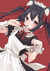 Rule 34 | 1girl, 496mm, animal ear fluff, animal ears, apron, black hair, black shirt, black skirt, blush, bow, brown eyes, cat ears, dress shirt, eating, floating hair, food, hair between eyes, hair bow, highres, k-on!, kemonomimi mode, long hair, looking at viewer, maid headdress, mouth hold, nakano azusa, neck ribbon, pocky, pocky day, red background, red bow, red ribbon, ribbon, shirt, short sleeves, skirt, solo, twintails, very long hair, white apron