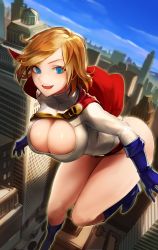 Rule 34 | 1girl, absurdres, ass, blonde hair, blue eyes, blue gloves, breasts, building, cape, chirigami-san, cleavage, cleavage cutout, clothing cutout, day, dc comics, flying, gloves, highres, large breasts, looking at viewer, midair, power girl, short hair, sky, smile, solo, superman (series), thighs