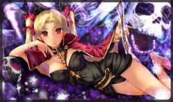 Rule 34 | 1girl, black cape, black leotard, blonde hair, blush, cape, closed mouth, earrings, ereshkigal (fate), fate/grand order, fate (series), female focus, foreshortening, hair ornament, hair ribbon, jewelry, leotard, light particles, long hair, looking at viewer, lying, on side, red eyes, red ribbon, ribbon, satou daiji, shiny skin, skull, smile, solo, standing, tiara, tohsaka rin