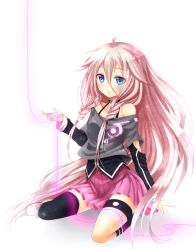 Rule 34 | 1girl, ahoge, asymmetrical legwear, bad id, bad pixiv id, bare shoulders, blue eyes, colorized, ia (vocaloid), long hair, looking at viewer, mismatched legwear, off shoulder, open mouth, pink hair, simple background, sitting, solo, thigh strap, thighhighs, uneven legwear, very long hair, vocaloid, white background, yatsuki yura