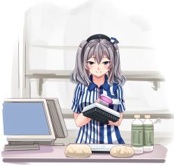 Rule 34 | 10s, 1girl, alternate costume, barcode scanner, beret, blue eyes, blush, bottle, breasts, clerk, convenience store, employee uniform, hat, hiememiko, holding, kantai collection, kashima (kancolle), large breasts, lawson, long hair, looking at viewer, monitor, shirt, shop, short sleeves, silver hair, smile, solo, striped clothes, striped shirt, twintails, uniform, vertical-striped clothes, vertical-striped shirt