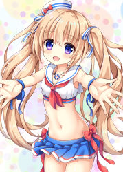 Rule 34 | 1girl, absurdres, bare shoulders, black skirt, blue ribbon, bluebird (bluebird90), bow, collarbone, commentary request, crop top, foreshortening, hair between eyes, hair bow, hat, hat bow, head tilt, highres, jewelry, light brown hair, long hair, looking at viewer, midriff, mini hat, navel, neckerchief, necklace, original, pleated skirt, purple eyes, red bow, red neckerchief, ribbon, sailor hat, school uniform, serafuku, shirt, skirt, sleeveless, sleeveless shirt, solo, striped, striped bow, tilted headwear, twintails, very long hair, white hat, white shirt