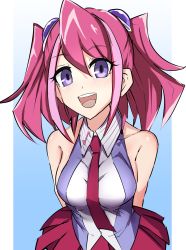 Rule 34 | 1girl, :d, bare shoulders, blush, breasts, collared shirt, highres, hiiragi yuzu, looking at viewer, multicolored hair, musical note, necktie, open mouth, pink hair, pleated skirt, purple eyes, shirt, skirt, sleeveless, sleeveless shirt, smile, solo, synchroman, teeth, twintails, two-tone hair, upper body, upper teeth only, wing collar, yu-gi-oh!, yu-gi-oh! arc-v