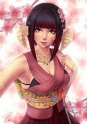Rule 34 | 1girl, armpits, au ra, warrior of light (ff14), bare shoulders, black bra, black hair, blunt bangs, blurry, bra, branch, breasts, brown eyes, cleavage, collarbone, commission, dragon girl, dragon horns, final fantasy, final fantasy xiv, flower, gradient hair, hair flower, hair ornament, hand up, head tilt, horns, jewelry, lips, looking at viewer, makeup, mascara, medium breasts, multicolored eyes, multicolored hair, necklace, outstretched arm, parted lips, pink flower, pleated skirt, red hair, red skirt, sash, scales, short hair with long locks, sidelocks, signature, skirt, sleeveless, smile, solo, umigraphics, underwear, yellow eyes