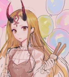 Rule 34 | 1girl, absurdres, bad id, bad twitter id, balloon, blonde hair, brown dress, closed mouth, contemporary, dress, earrings, facial mark, fate/grand order, fate (series), forehead mark, hand up, highres, horns, ibaraki douji (fate), jewelry, long hair, looking at viewer, oni horns, oyabuli, sketch, solo, upper body, yellow eyes