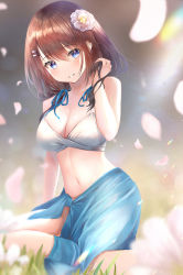 Rule 34 | 1girl, bad id, bad pixiv id, blue eyes, blue skirt, breasts, cleavage, flower, hair flower, hair ornament, hand in own hair, highres, medium breasts, midriff, navel, original, petals, short twintails, sitting, skirt, smile, solo, sunlight, twintails, white flower, yk (pixiv43531291)
