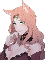 Rule 34 | 1girl, animal ears, bare shoulders, blue eyes, blush, breasts, circlet, cleavage, collarbone, cornelia arnim, detached sleeves, dress, fingernails, fire emblem, fire emblem: three houses, forehead jewel, fox ears, gorget, hand to head, highres, hirokun398, jewelry, key, key necklace, lace trim, large breasts, lips, long hair, looking at viewer, mature female, necklace, nintendo, pink hair, plunging neckline, smile, solo, teeth, upper body, white background
