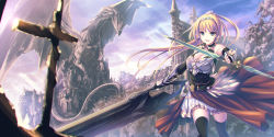 Rule 34 | 1girl, :d, armor, armored dress, black gloves, black thighhighs, blonde hair, breastplate, breasts, choker, cleavage, dragon, dress, dual wielding, elbow gloves, fingerless gloves, floating hair, gloves, green eyes, hair between eyes, hairband, highres, holding, holding sword, holding weapon, large breasts, layered dress, long hair, looking at viewer, open mouth, original, outdoors, pointy ears, ponytail, short dress, smile, solo, standing, sword, tenmaso, thighhighs, very long hair, weapon, white dress, zettai ryouiki